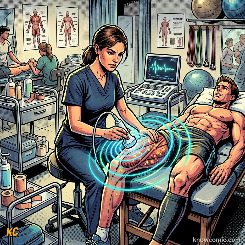 Comic panel titled fit for world cup 2026, labelled ice bath, from the KnowComic World Cup 2026 lesson on injuries & recovery science