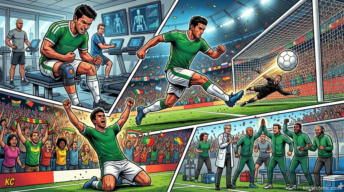 Comic panel titled fit for world cup 2026, labelled world cup healing, from the KnowComic World Cup 2026 lesson on injuries & recovery science