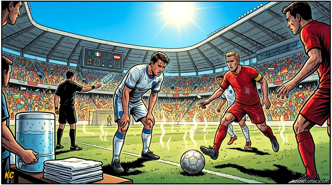 Comic panel titled the sun as opponent, labelled burning pitch, from the KnowComic World Cup 2026 lesson on weather & the game