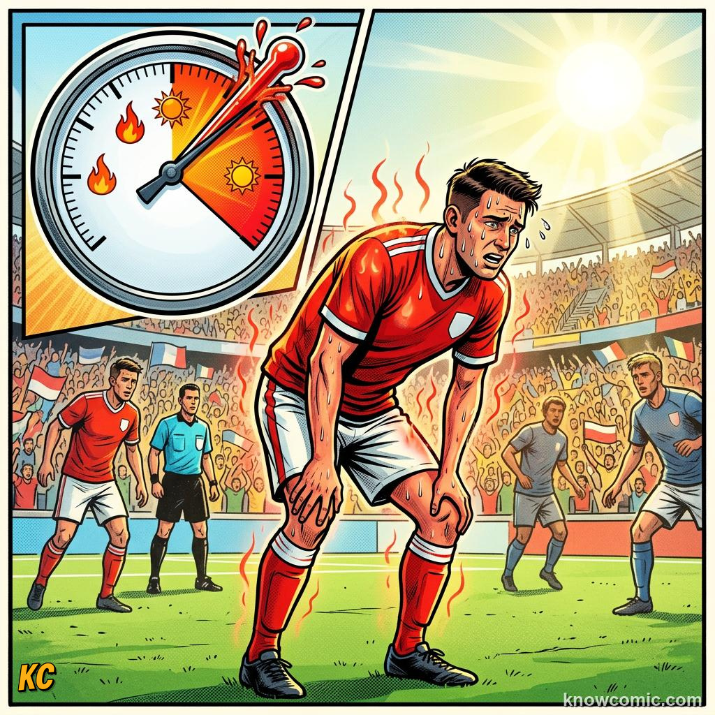 Comic panel titled water on the whistle, labelled temperature, from the KnowComic World Cup 2026 lesson on weather & the game