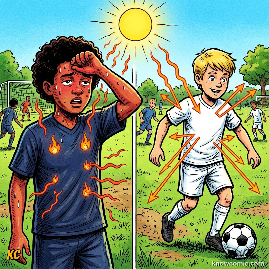 Comic panel titled water on the whistle, labelled sweat, from the KnowComic World Cup 2026 lesson on weather & the game