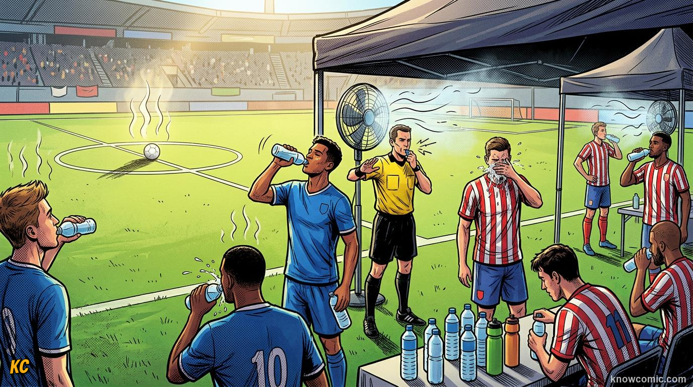 Comic panel titled water on the whistle, labelled hydration stops, from the KnowComic World Cup 2026 lesson on weather & the game