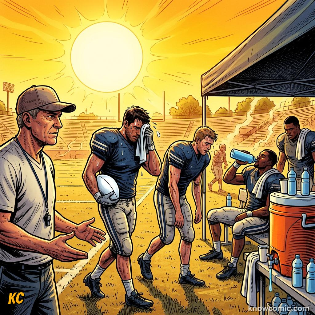 Comic panel titled when rain changes everything, labelled electrolytes, from the KnowComic World Cup 2026 lesson on weather & the game
