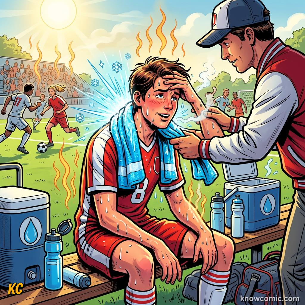 Comic panel titled when rain changes everything, labelled pre-cool, from the KnowComic World Cup 2026 lesson on weather & the game