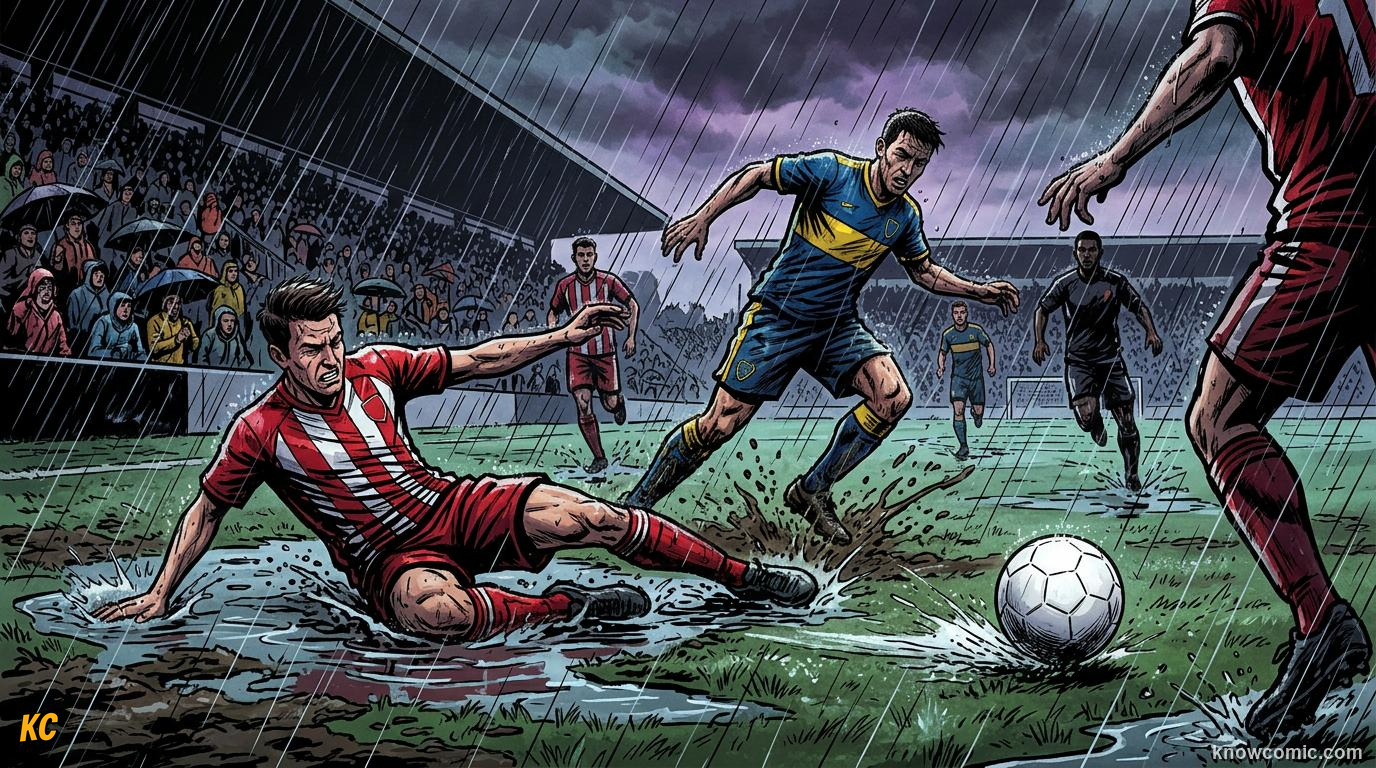 Comic panel titled when rain changes everything, labelled wet conditions, from the KnowComic World Cup 2026 lesson on weather & the game