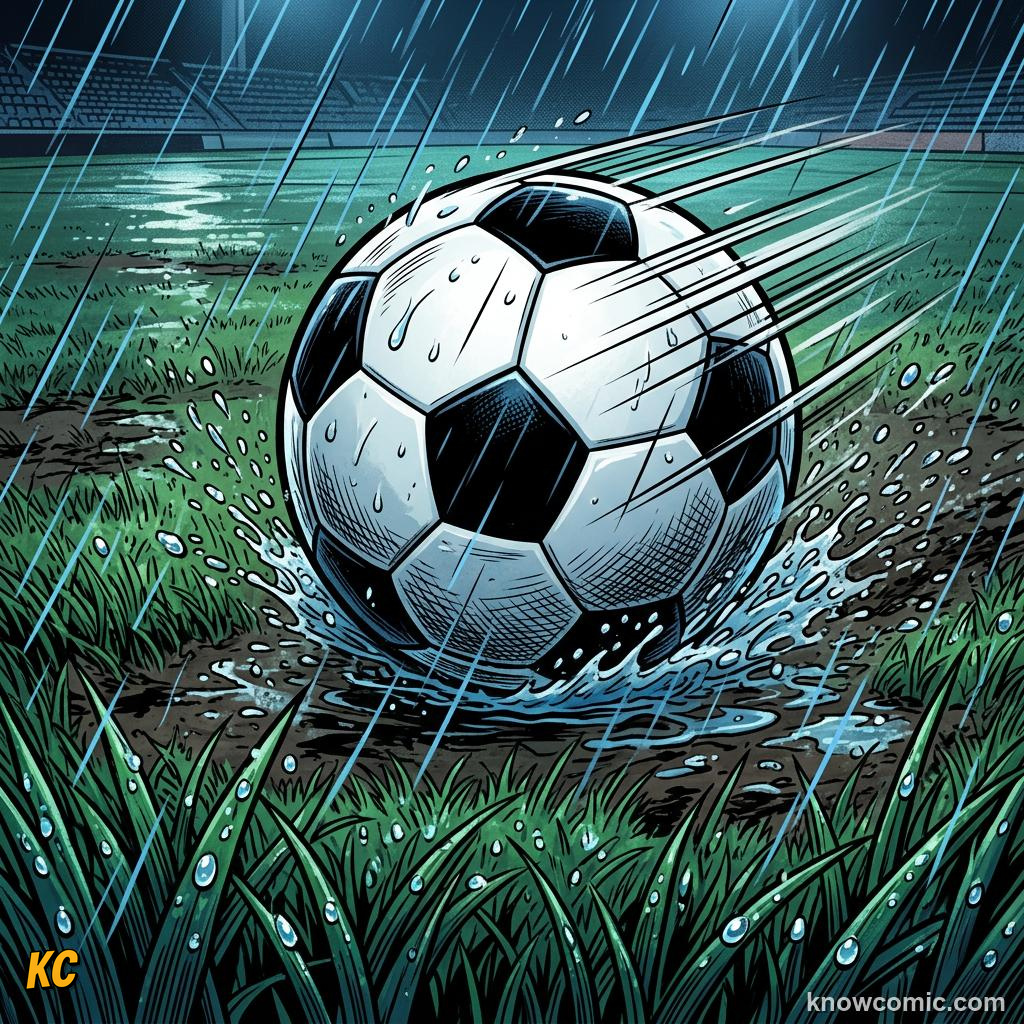 Comic panel titled when rain changes everything, labelled slick surface, from the KnowComic World Cup 2026 lesson on weather & the game
