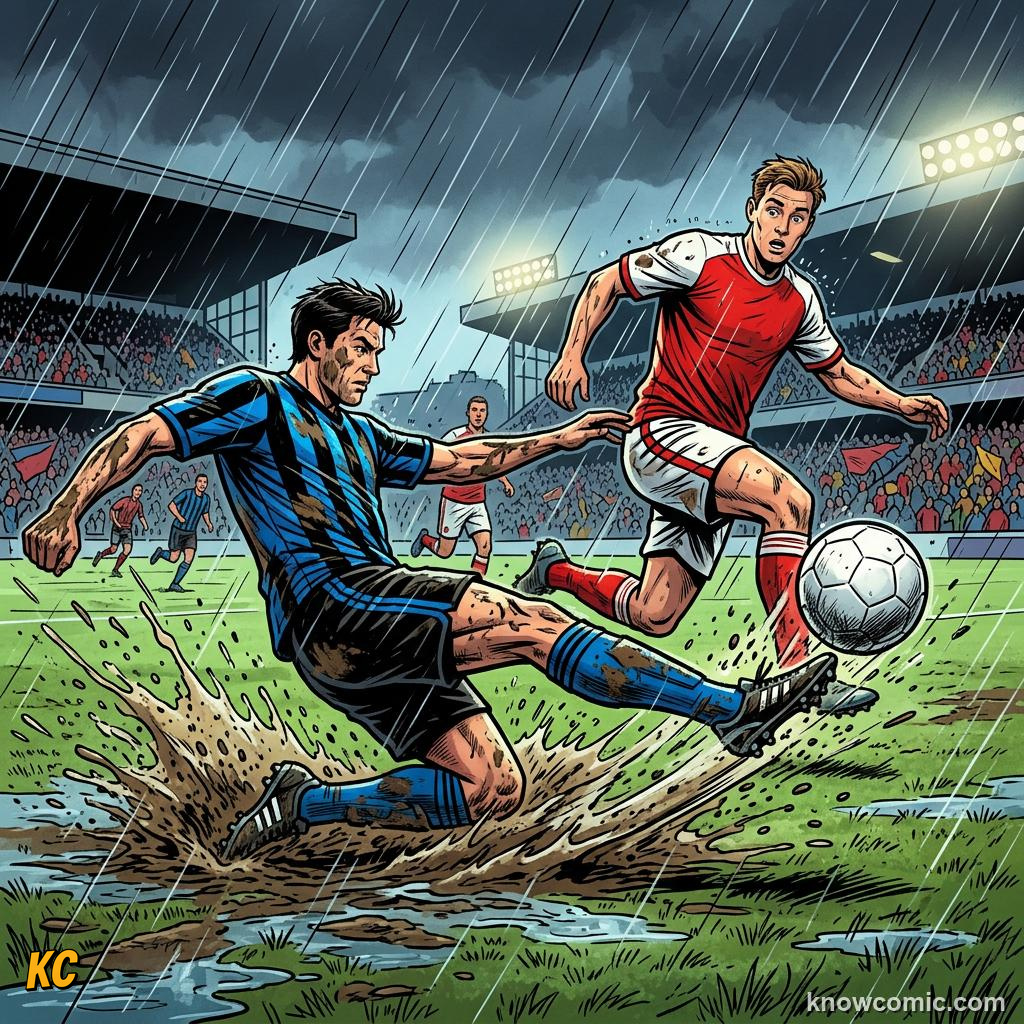 Comic panel titled when rain changes everything, labelled slide tackles, from the KnowComic World Cup 2026 lesson on weather & the game