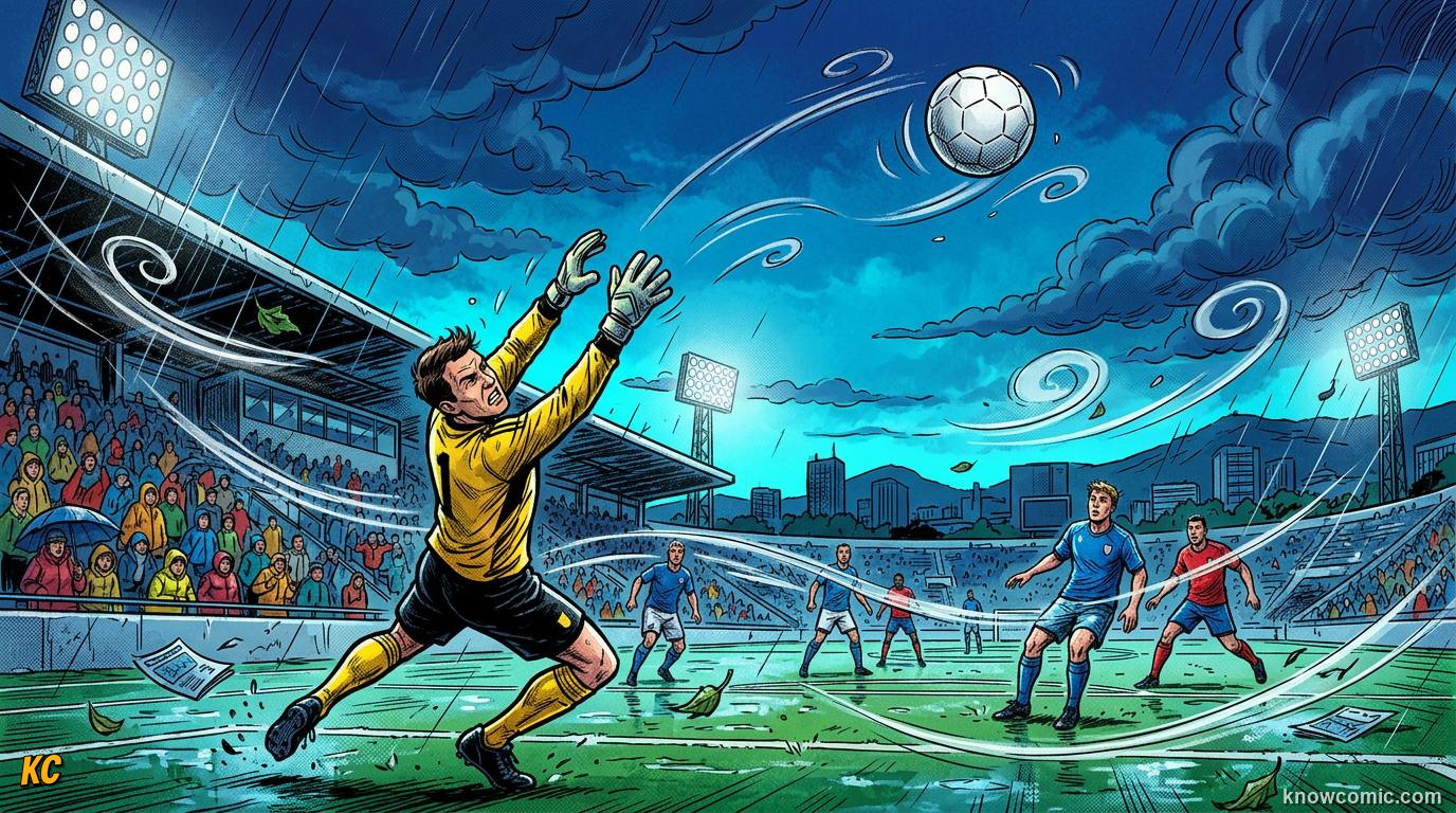 Comic panel titled playing into the gale, labelled invisible force, from the KnowComic World Cup 2026 lesson on weather & the game