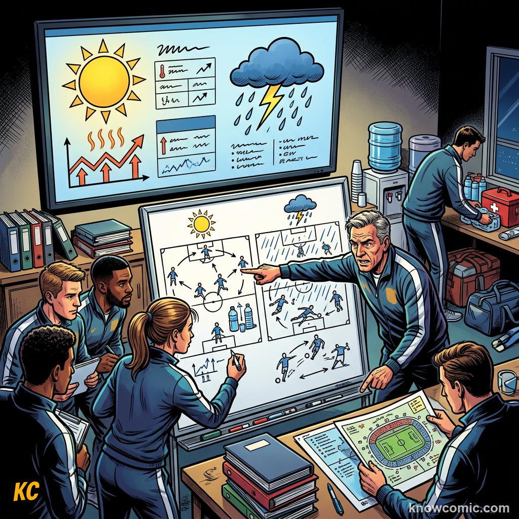 Comic panel titled master the elements, labelled tactics, from the KnowComic World Cup 2026 lesson on weather & the game
