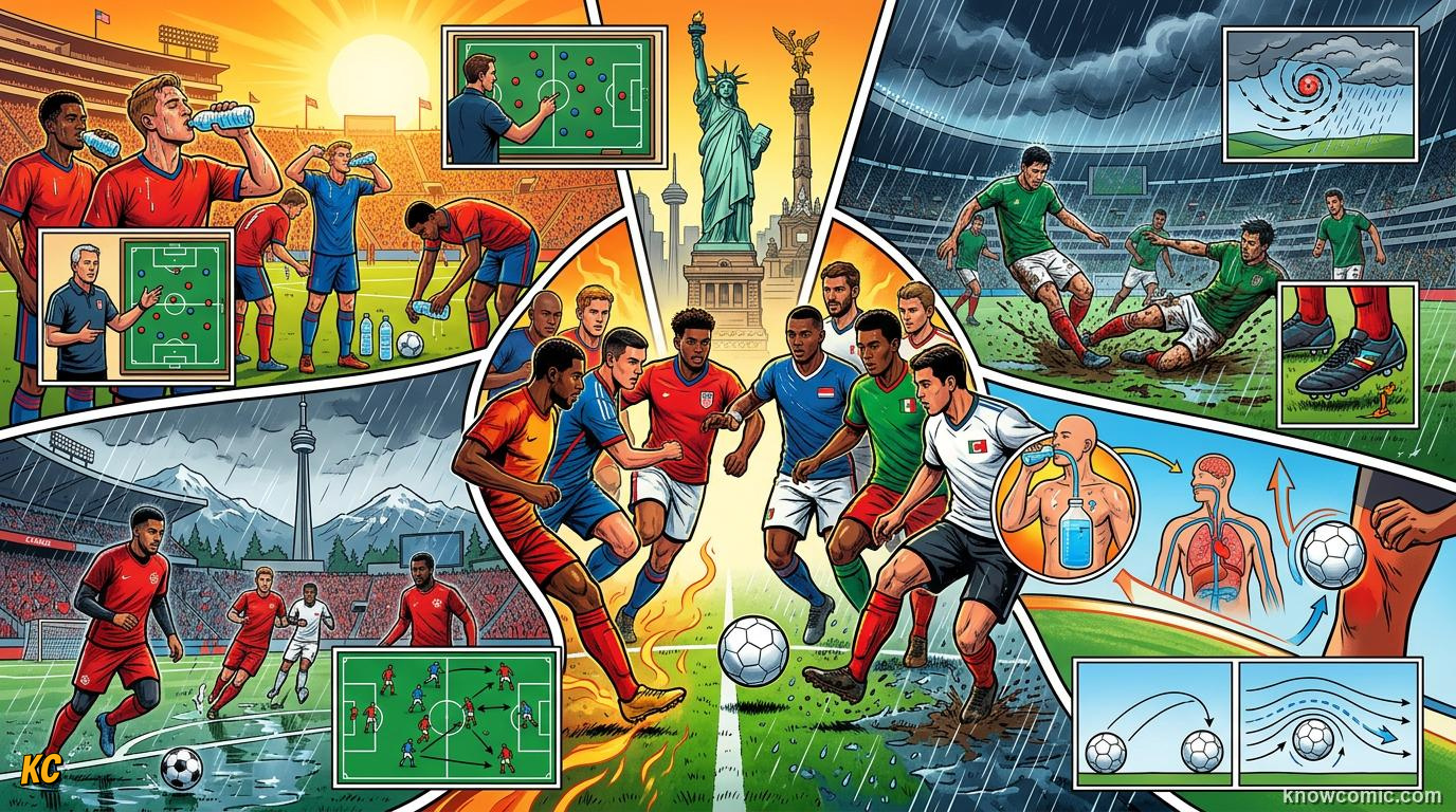 Comic panel titled master the elements, labelled world cup 2026, from the KnowComic World Cup 2026 lesson on weather & the game