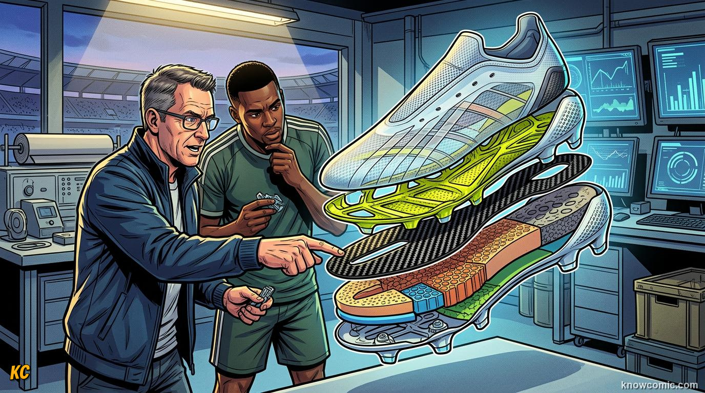 Comic panel titled boots built like machines, labelled race car feet, from the KnowComic World Cup 2026 lesson on boots & wearable tech