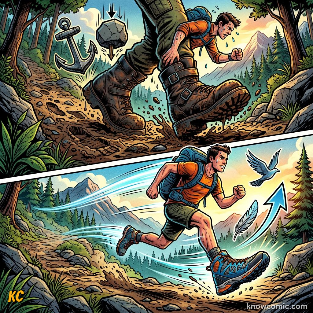 Comic panel titled studs that grab the earth, labelled weight, from the KnowComic World Cup 2026 lesson on boots & wearable tech