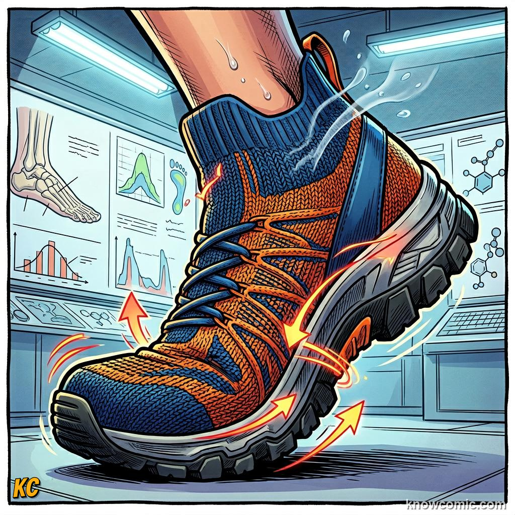 Comic panel titled studs that grab the earth, labelled materials, from the KnowComic World Cup 2026 lesson on boots & wearable tech