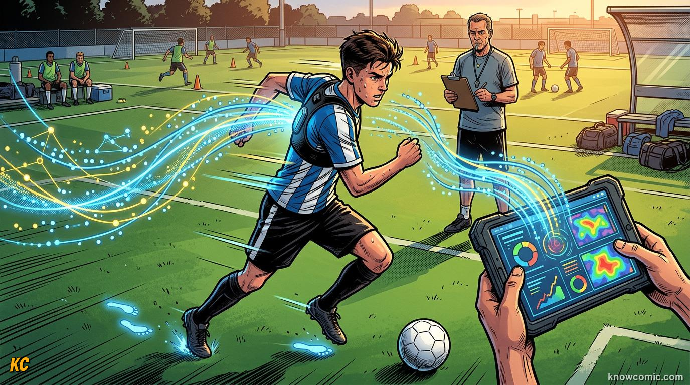 Comic panel titled studs that grab the earth, labelled grip lab, from the KnowComic World Cup 2026 lesson on boots & wearable tech