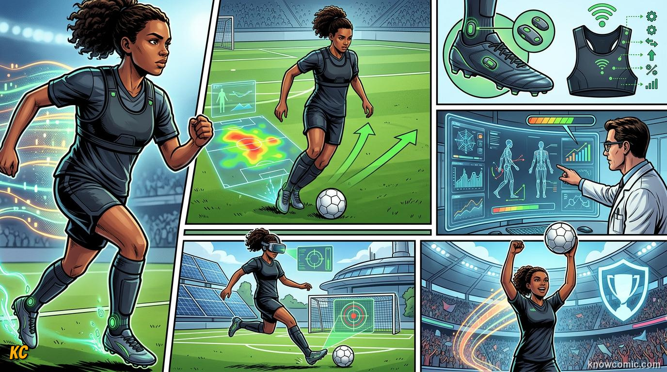 Comic panel titled body tech meets the beautiful game, labelled world cup 2026, from the KnowComic World Cup 2026 lesson on boots & wearable tech