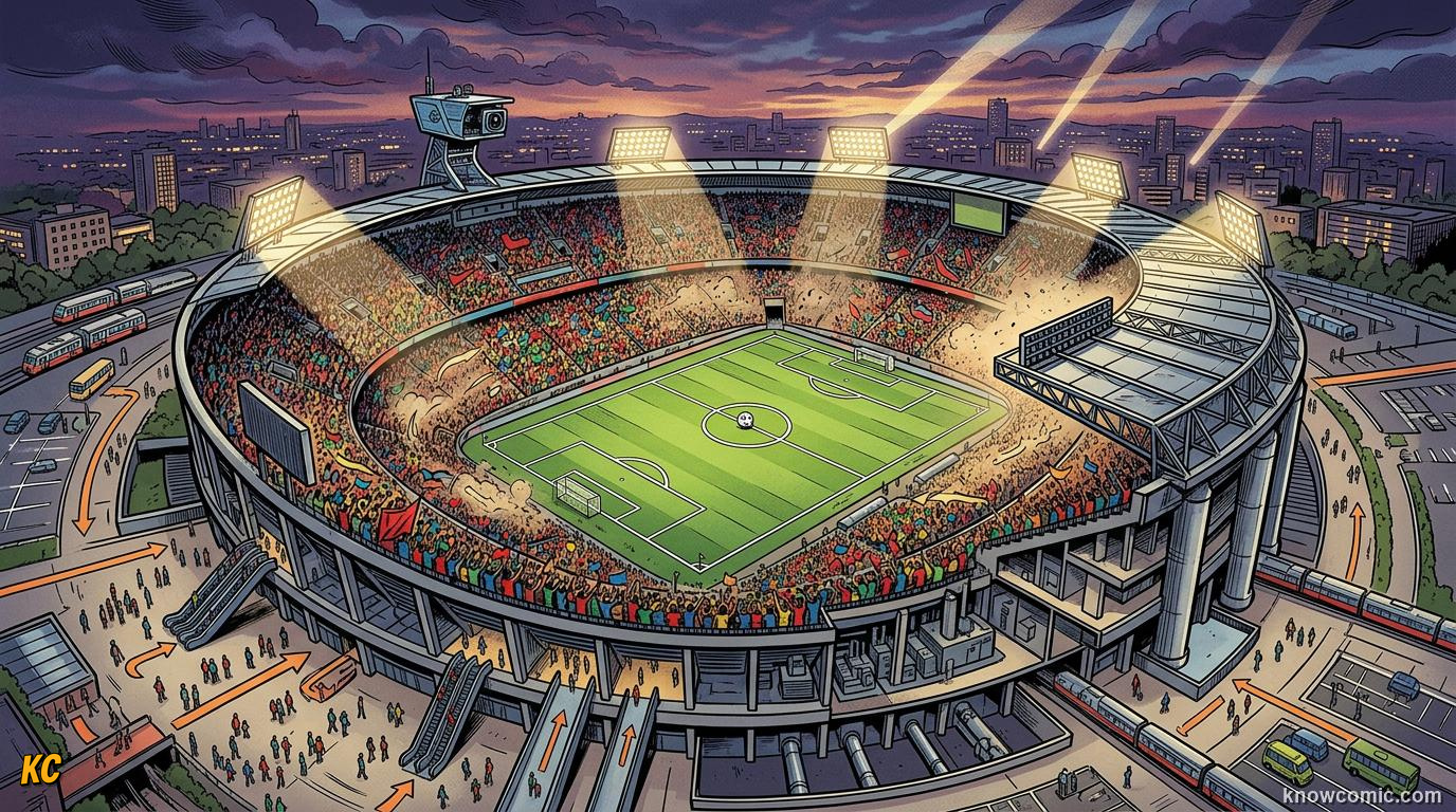 Comic panel titled when the air runs out, labelled thin air, from the KnowComic World Cup 2026 lesson on stadium science