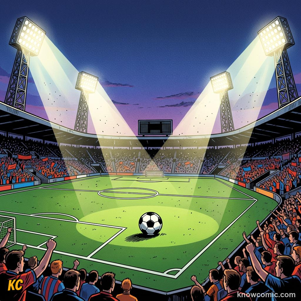 Comic panel titled the grass beneath the boots, labelled ball flight, from the KnowComic World Cup 2026 lesson on stadium science