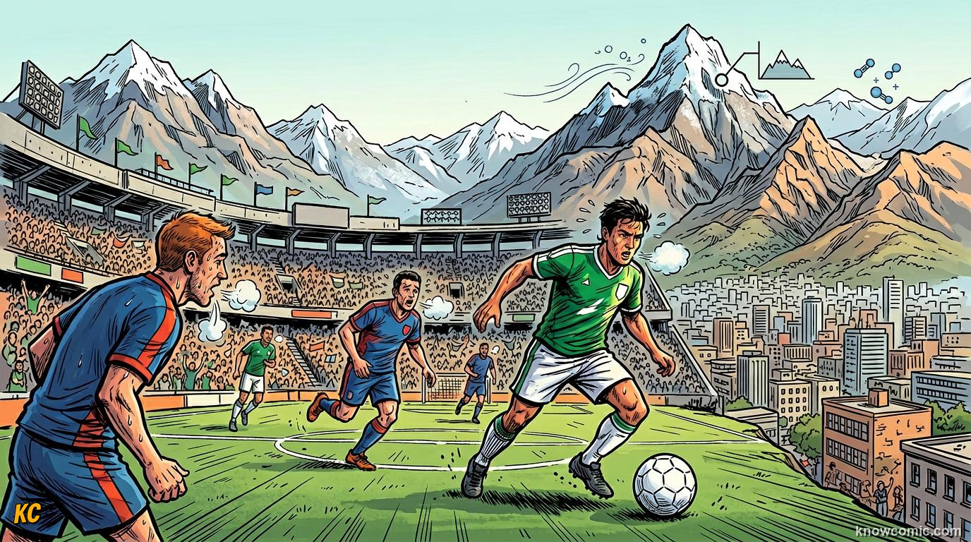 Comic panel titled the grass beneath the boots, labelled pitch lab, from the KnowComic World Cup 2026 lesson on stadium science