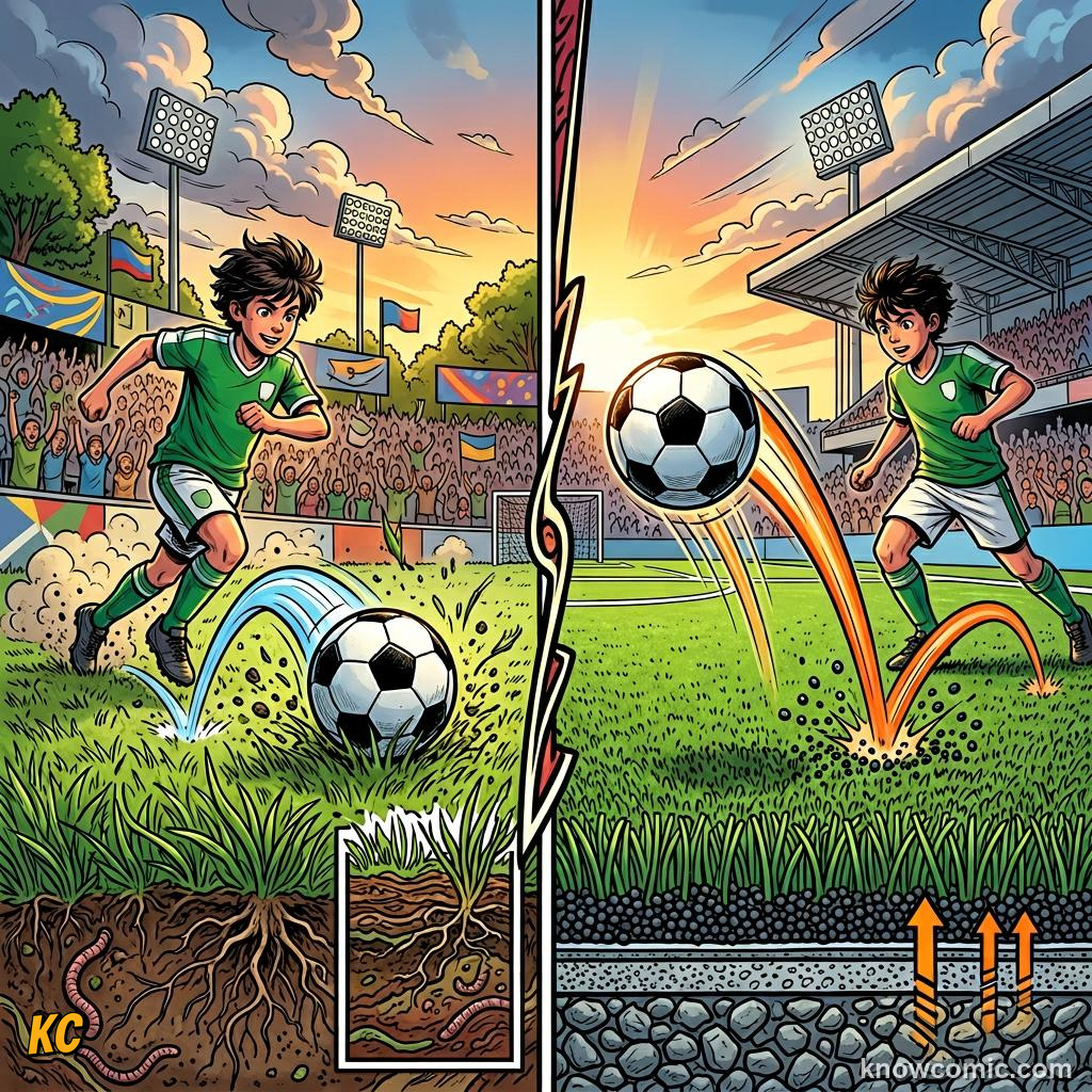 Comic panel titled sound that shakes the stadium, labelled decibels, from the KnowComic World Cup 2026 lesson on stadium science