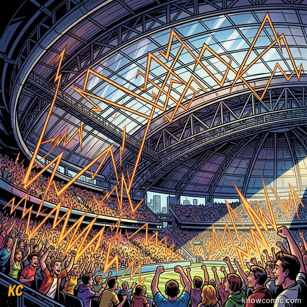 Comic panel titled sixteen stadiums, endless variables, labelled roofed, from the KnowComic World Cup 2026 lesson on stadium science