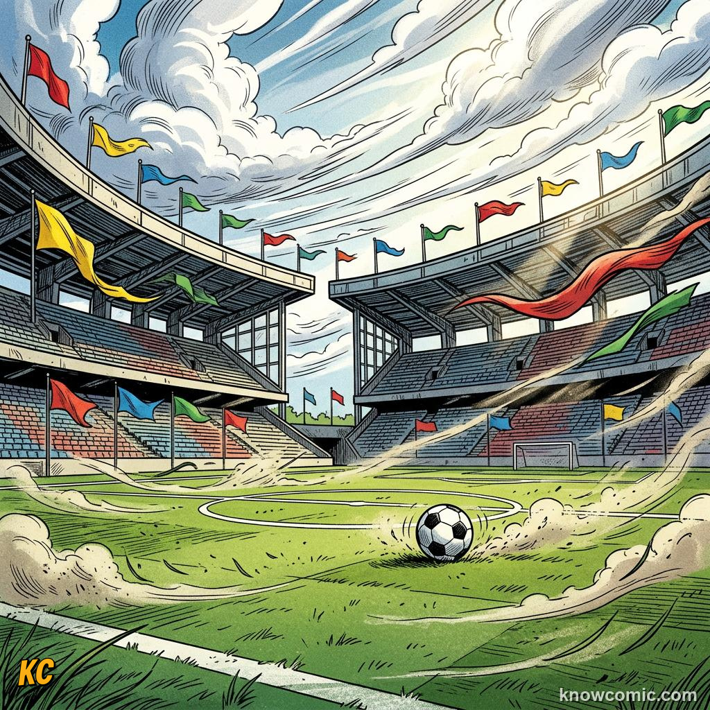 Comic panel titled sixteen stadiums, endless variables, labelled grow lights, from the KnowComic World Cup 2026 lesson on stadium science