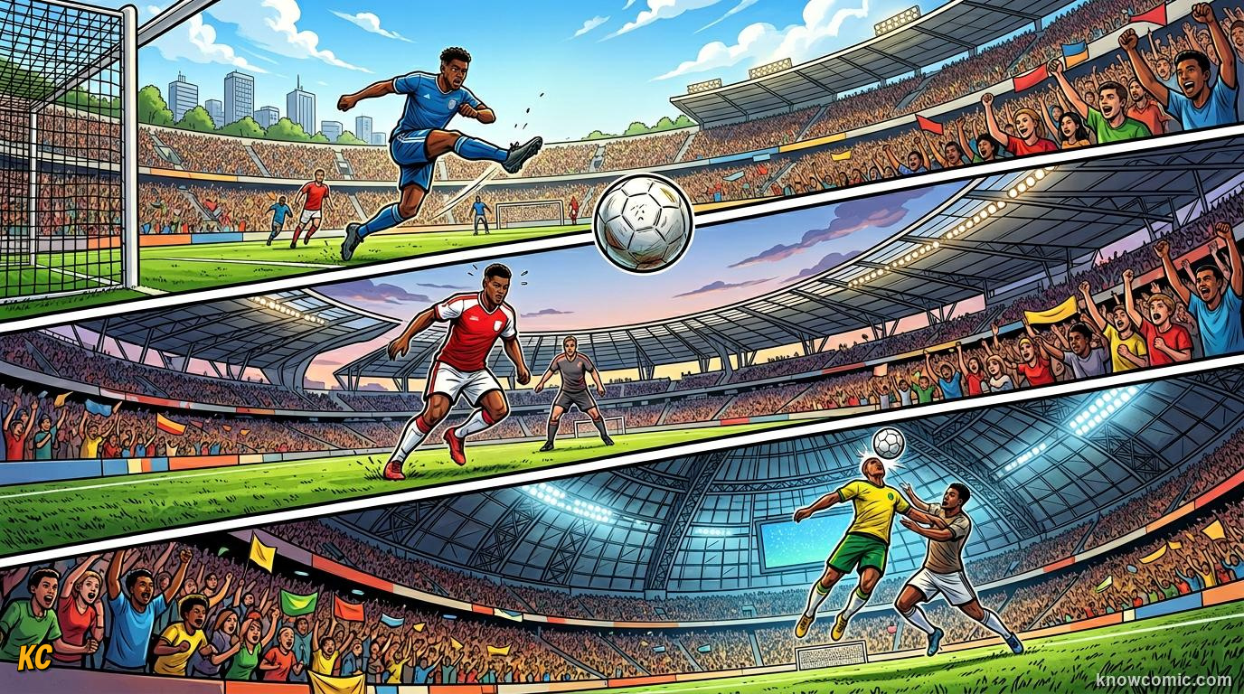 Comic panel titled sixteen stadiums, endless variables, labelled world cup 2026, from the KnowComic World Cup 2026 lesson on stadium science