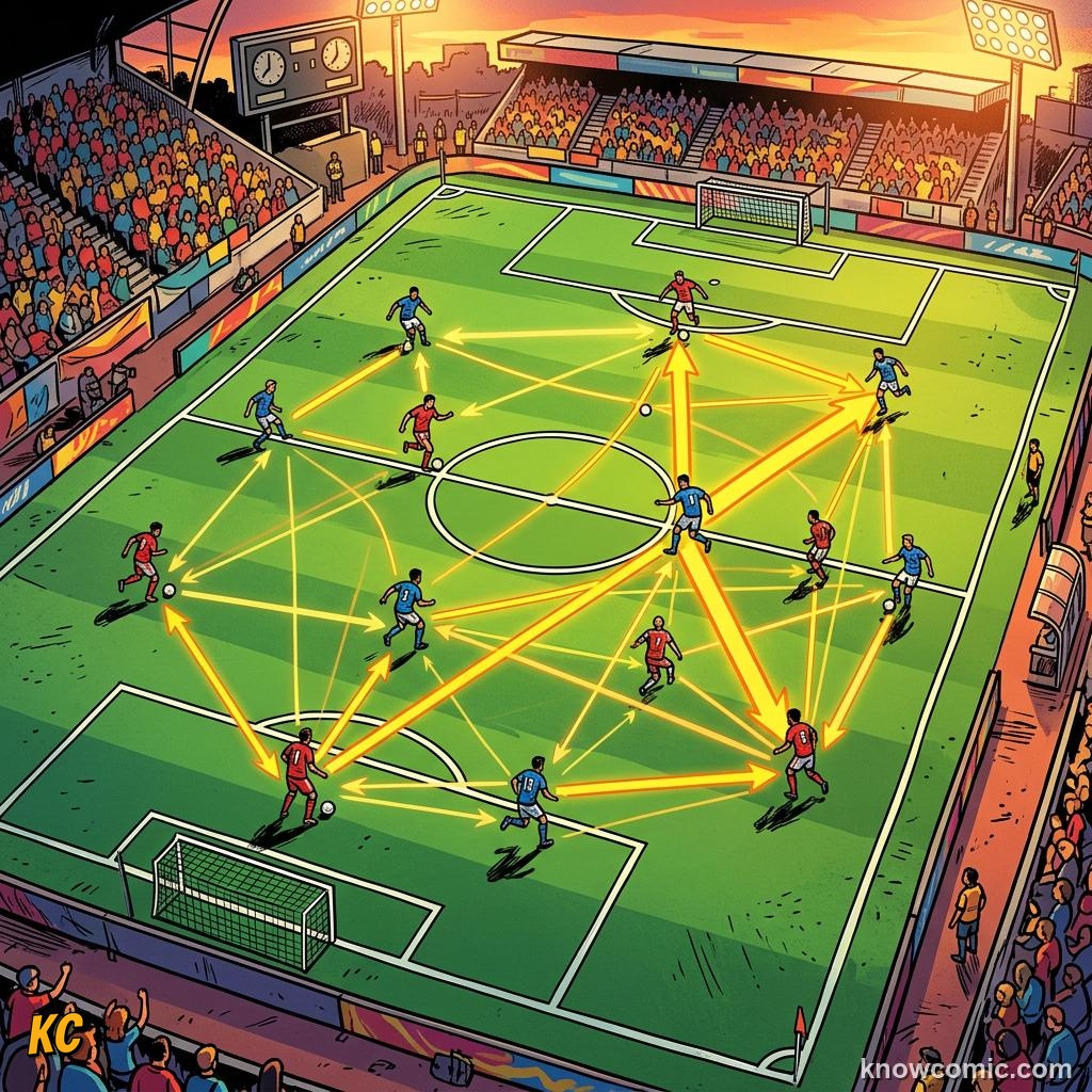Comic panel titled heat maps reveal the game, labelled distance, from the KnowComic World Cup 2026 lesson on football by numbers: stats & ai