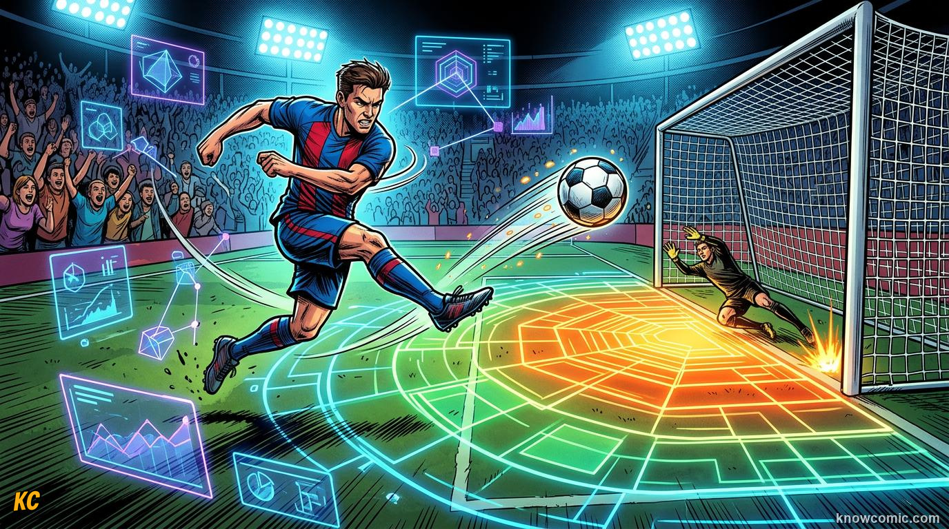 Comic panel titled heat maps reveal the game, labelled colour on the pitch, from the KnowComic World Cup 2026 lesson on football by numbers: stats & ai