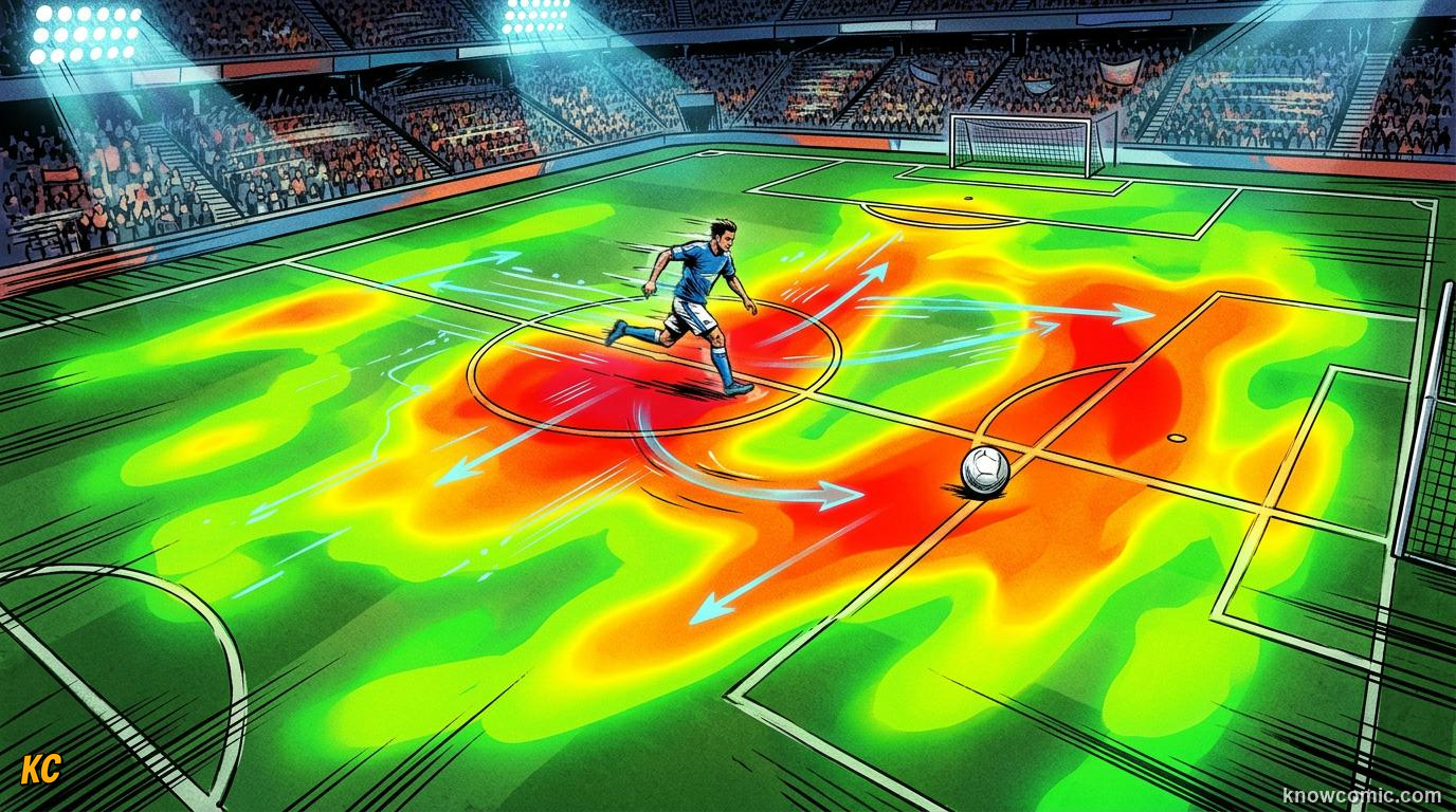 Comic panel titled pass maps tell stories, labelled passing webs, from the KnowComic World Cup 2026 lesson on football by numbers: stats & ai