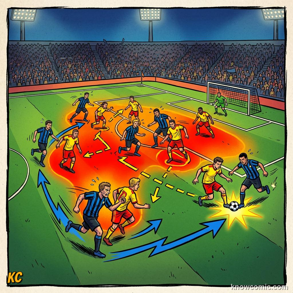Comic panel titled pass maps tell stories, labelled networks, from the KnowComic World Cup 2026 lesson on football by numbers: stats & ai