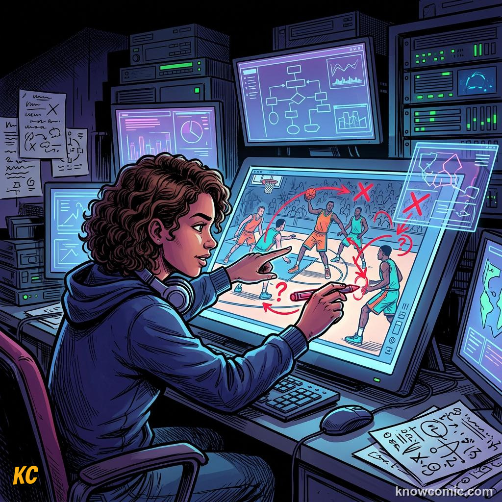 Comic panel titled pass maps tell stories, labelled key links, from the KnowComic World Cup 2026 lesson on football by numbers: stats & ai