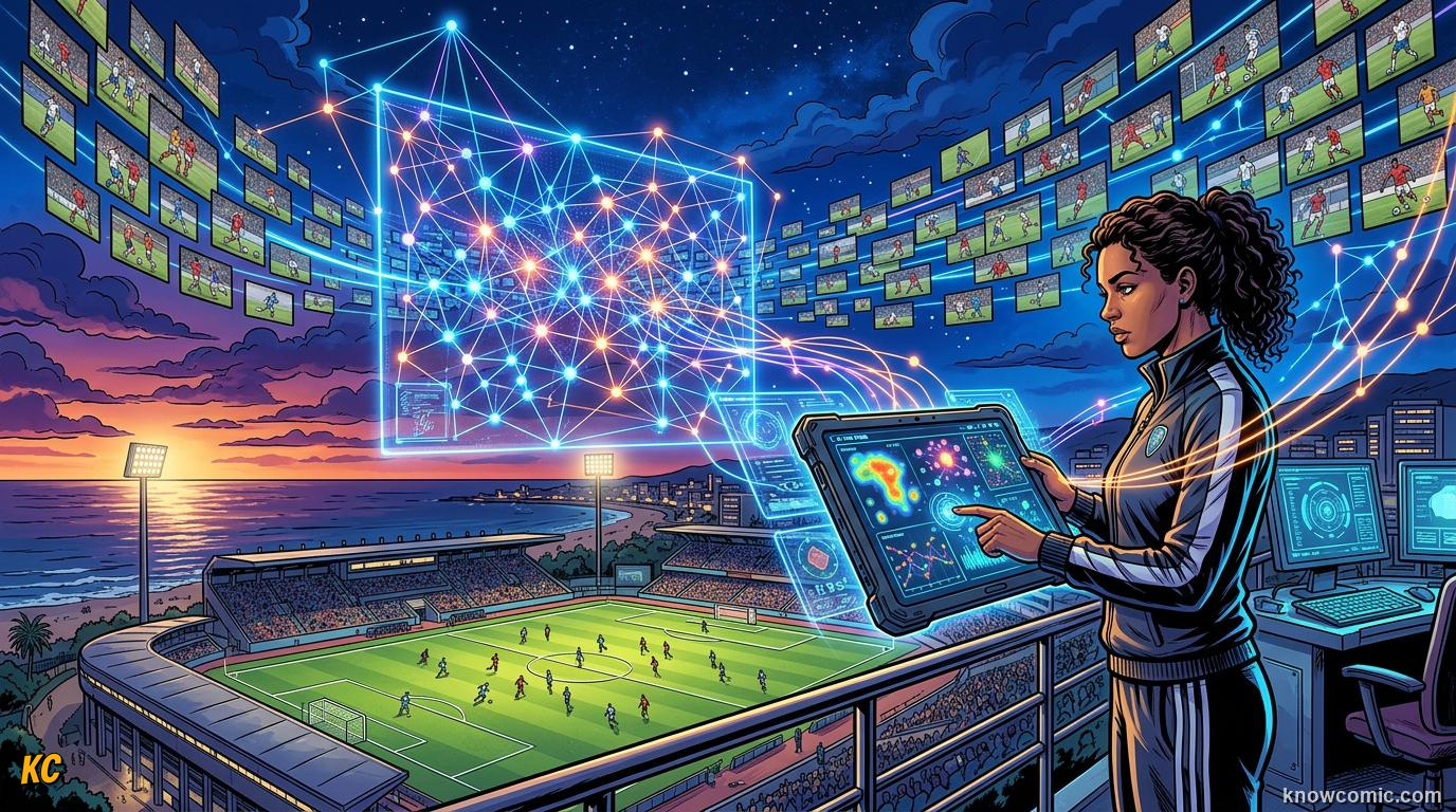Comic panel titled ai scouting the globe, labelled machines find stars, from the KnowComic World Cup 2026 lesson on football by numbers: stats & ai