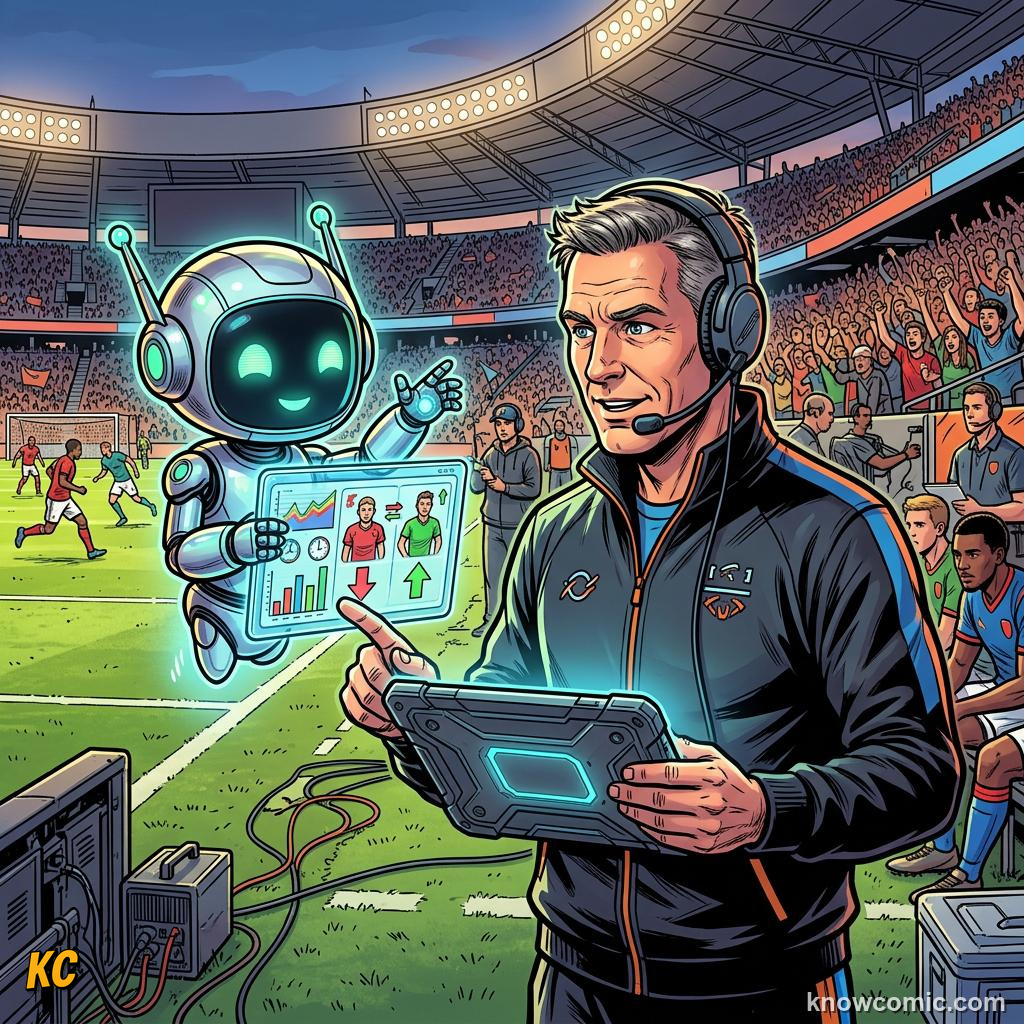 Comic panel titled dashboards drive decisions, labelled search, from the KnowComic World Cup 2026 lesson on football by numbers: stats & ai