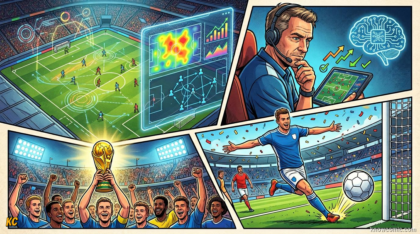 Comic panel titled dashboards drive decisions, labelled coach's screen, from the KnowComic World Cup 2026 lesson on football by numbers: stats & ai