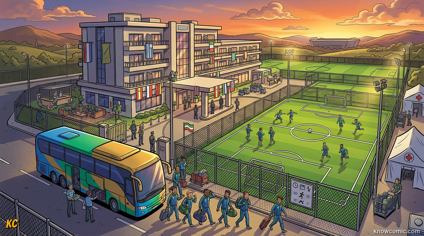 Comic panel titled welcome to the bubble, labelled team base, from the KnowComic World Cup 2026 lesson on life inside a world cup camp