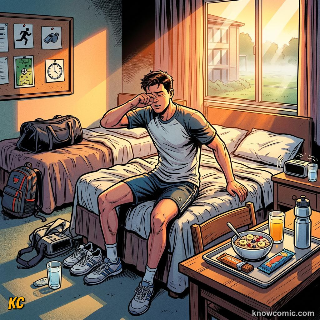 Comic panel titled morning routine, labelled hotel, from the KnowComic World Cup 2026 lesson on life inside a world cup camp