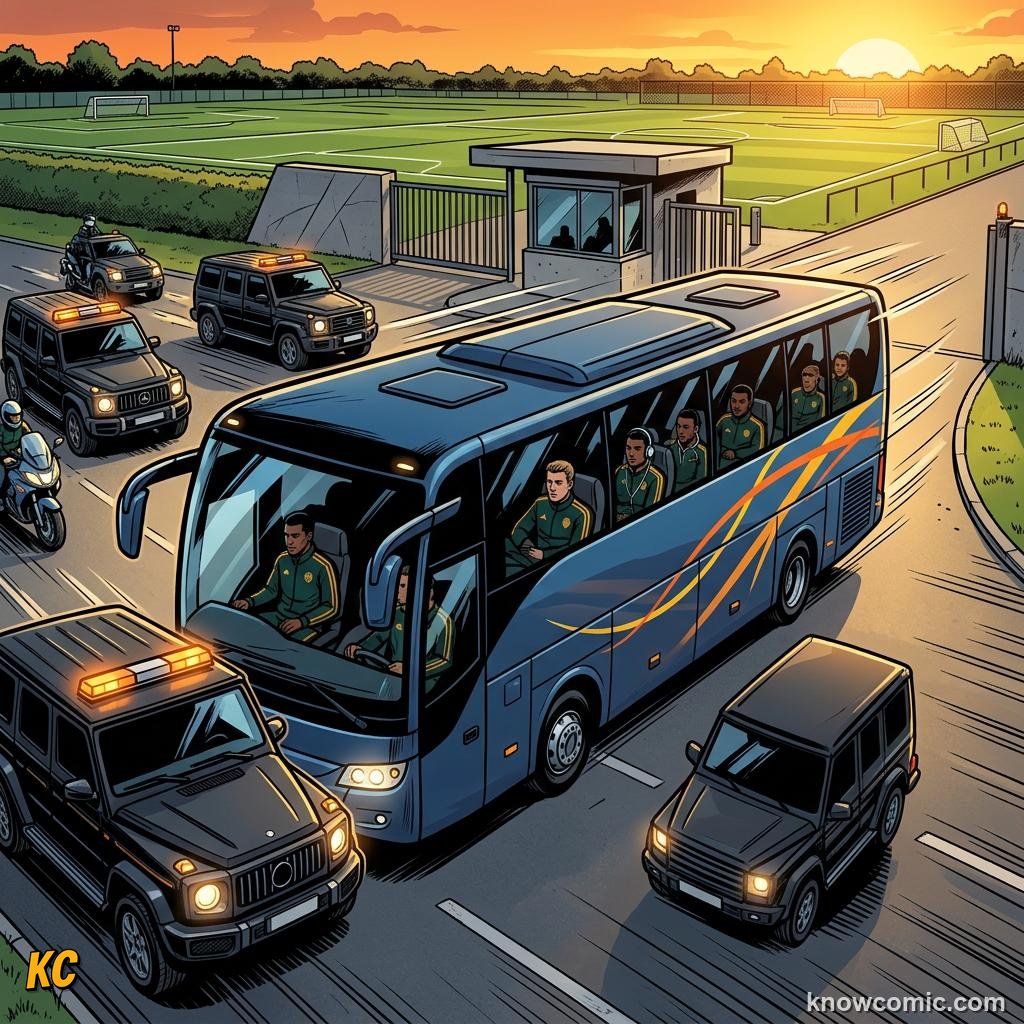 Comic panel titled morning routine, labelled flags, from the KnowComic World Cup 2026 lesson on life inside a world cup camp