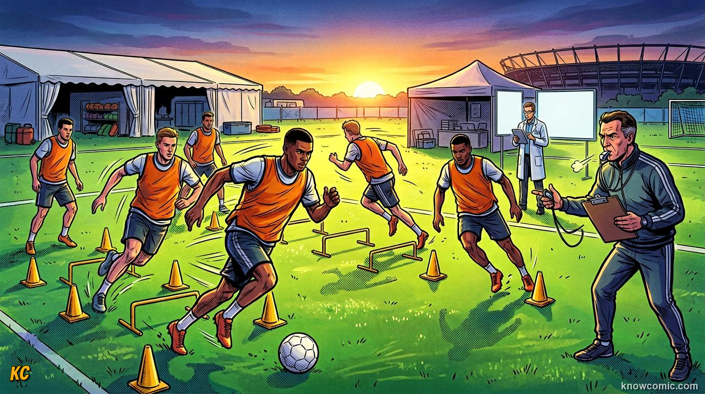 Comic panel titled morning routine, labelled 6 am start, from the KnowComic World Cup 2026 lesson on life inside a world cup camp