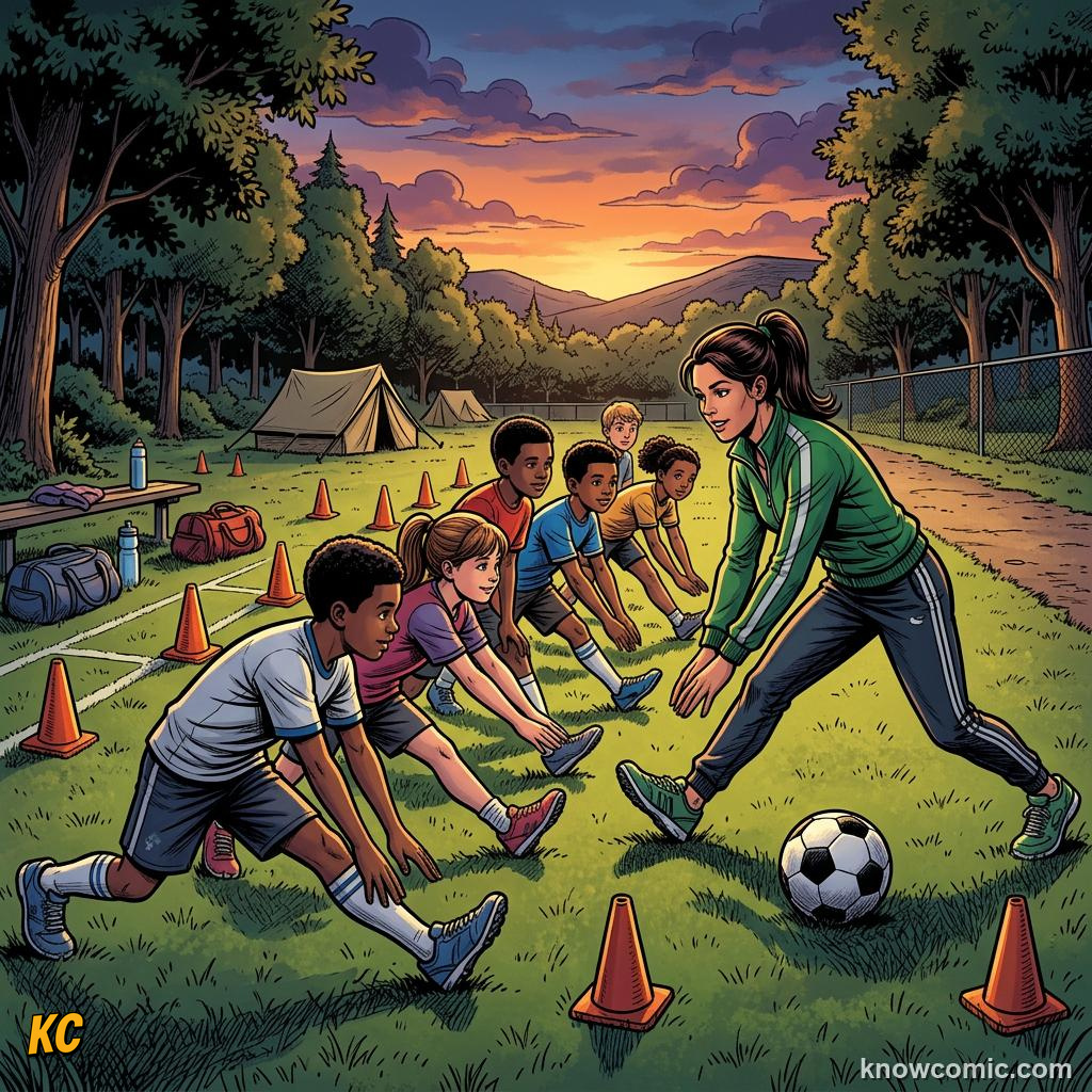 Comic panel titled training with purpose, labelled breakfast, from the KnowComic World Cup 2026 lesson on life inside a world cup camp