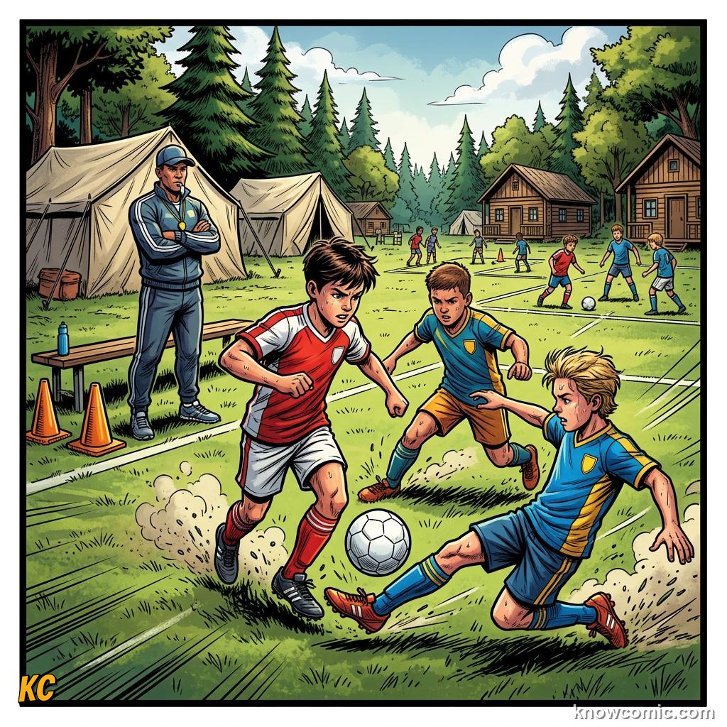 Comic panel titled training with purpose, labelled physio, from the KnowComic World Cup 2026 lesson on life inside a world cup camp