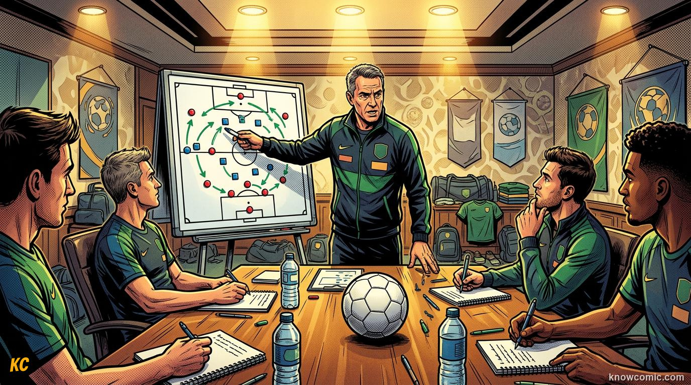 Comic panel titled training with purpose, labelled on the grass, from the KnowComic World Cup 2026 lesson on life inside a world cup camp