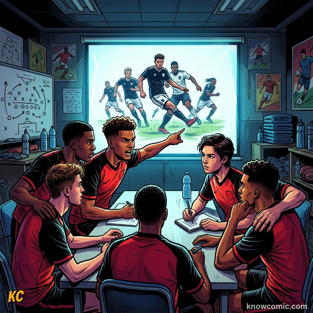 Comic panel titled training with purpose, labelled drills, from the KnowComic World Cup 2026 lesson on life inside a world cup camp
