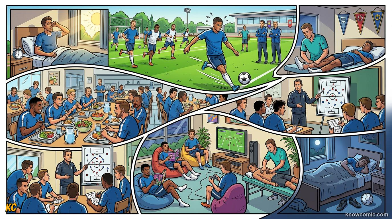 Comic panel titled winding down for glory, labelled lights out, from the KnowComic World Cup 2026 lesson on life inside a world cup camp