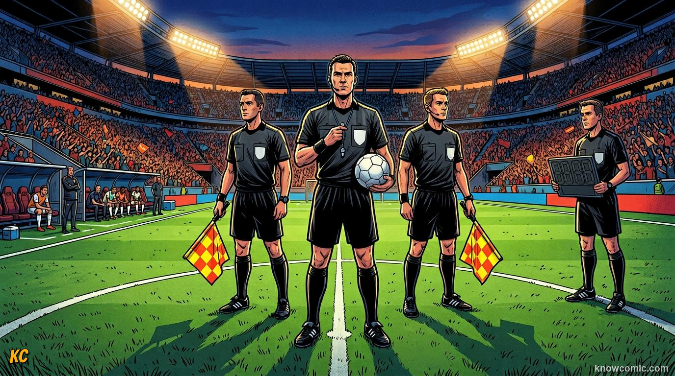 Comic panel titled the referee in the middle, labelled boss on the pitch, from the KnowComic World Cup 2026 lesson on the referee team