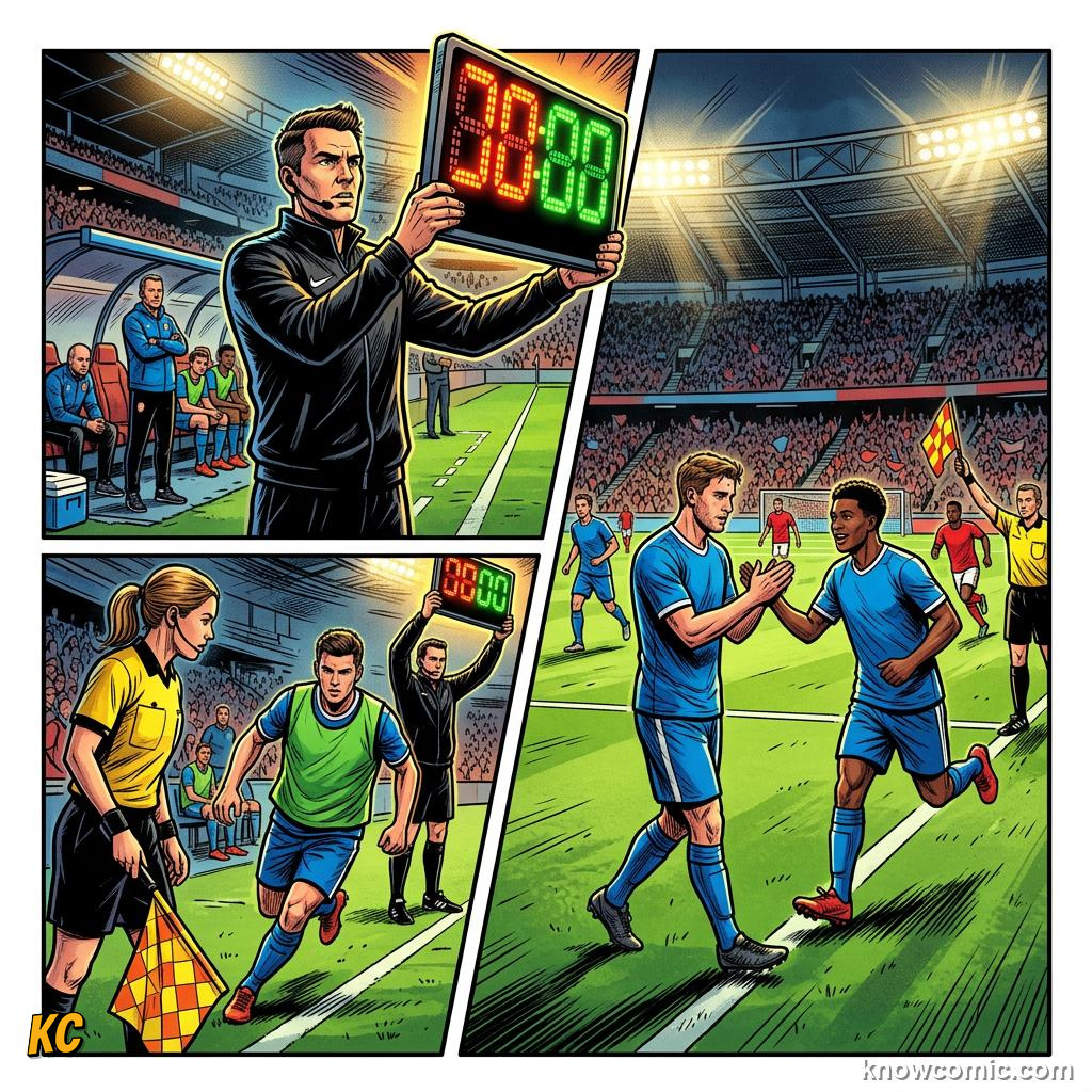 Comic panel titled the flag bearers, labelled whistle, from the KnowComic World Cup 2026 lesson on the referee team