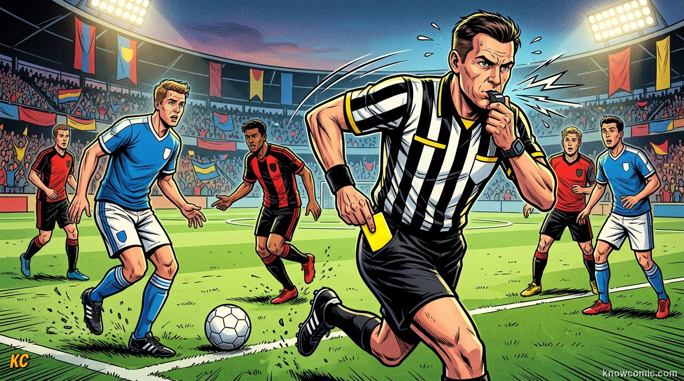 Comic panel titled the flag bearers, labelled flags on the line, from the KnowComic World Cup 2026 lesson on the referee team