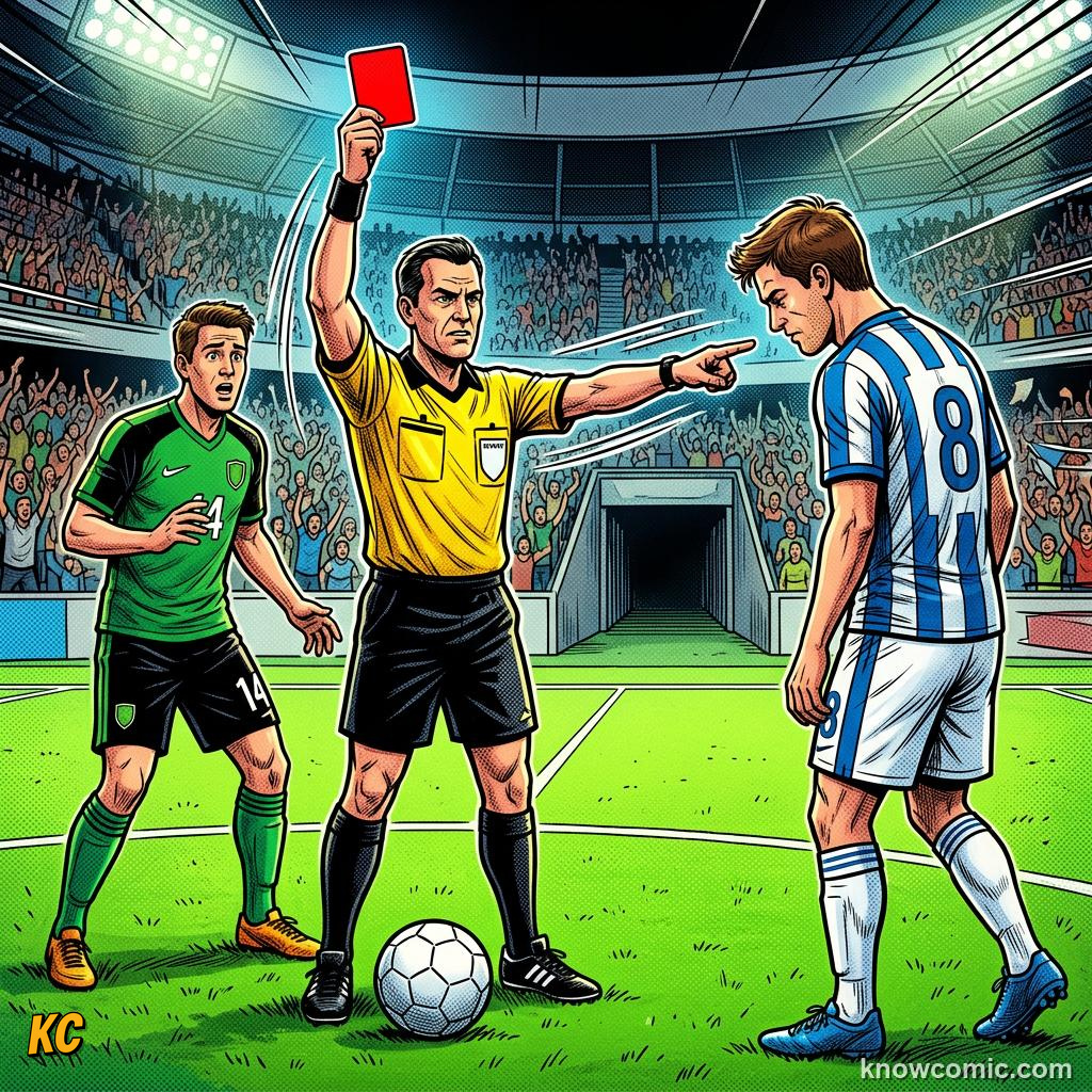Comic panel titled the sideline manager, labelled foul, from the KnowComic World Cup 2026 lesson on the referee team