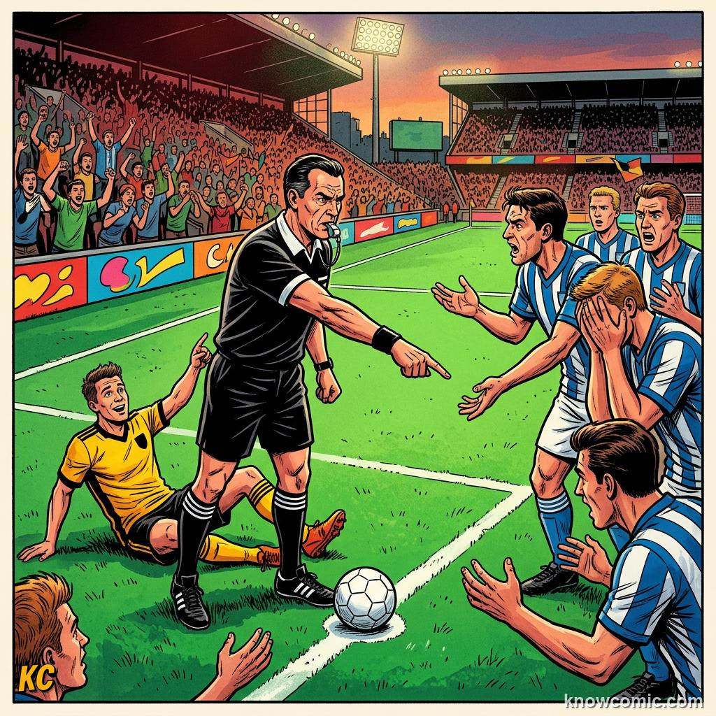 Comic panel titled the sideline manager, labelled out, from the KnowComic World Cup 2026 lesson on the referee team