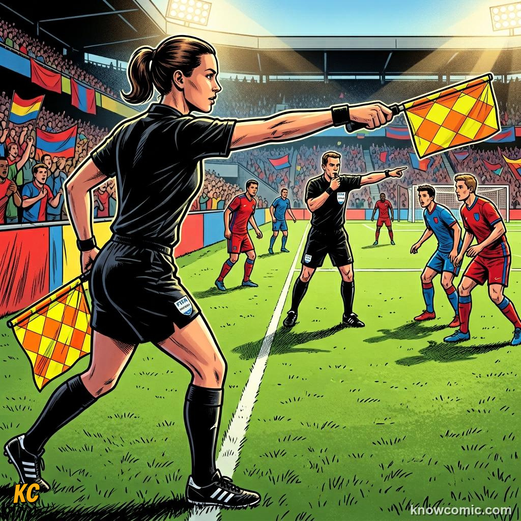 Comic panel titled the sideline manager, labelled board, from the KnowComic World Cup 2026 lesson on the referee team