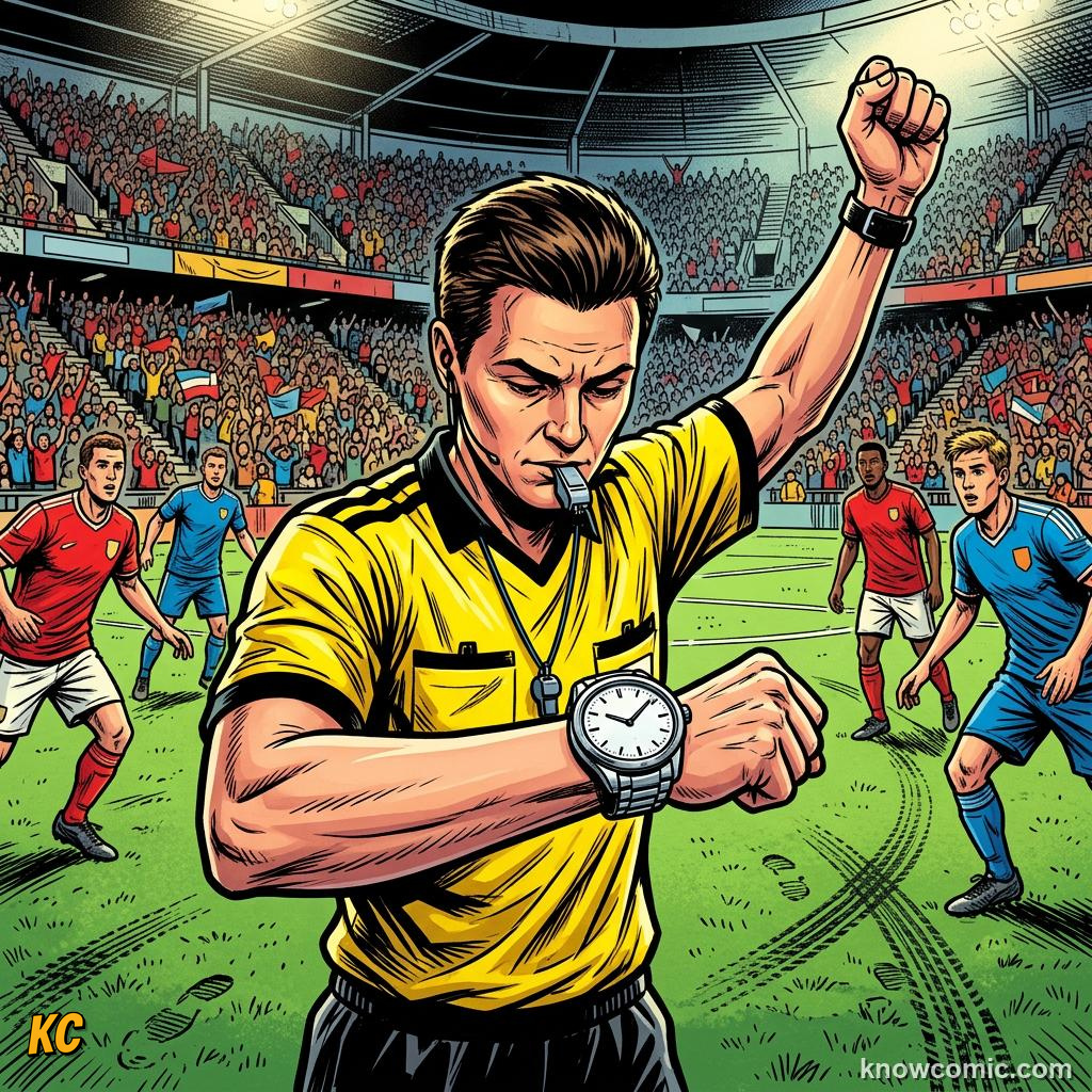 Comic panel titled the sideline manager, labelled touchline, from the KnowComic World Cup 2026 lesson on the referee team